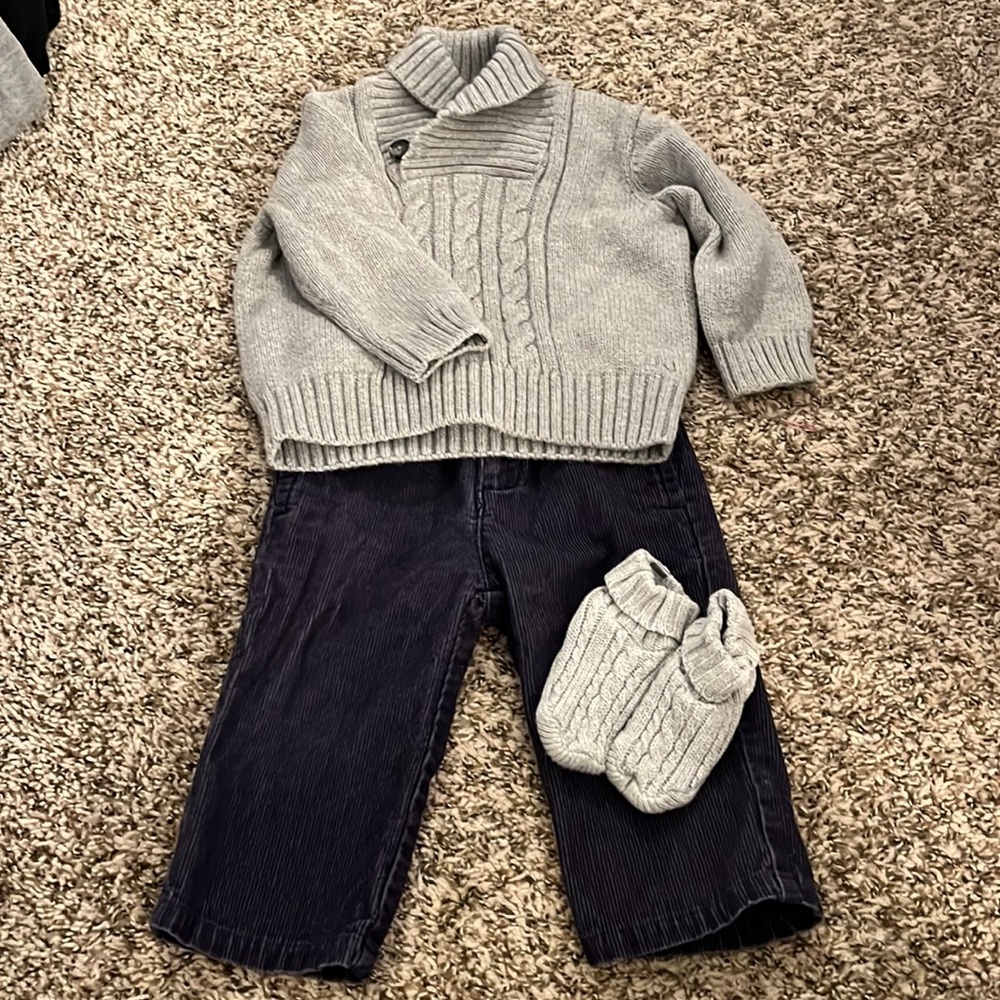 Janie and Jack sweater with corduroy pants and matching booties.